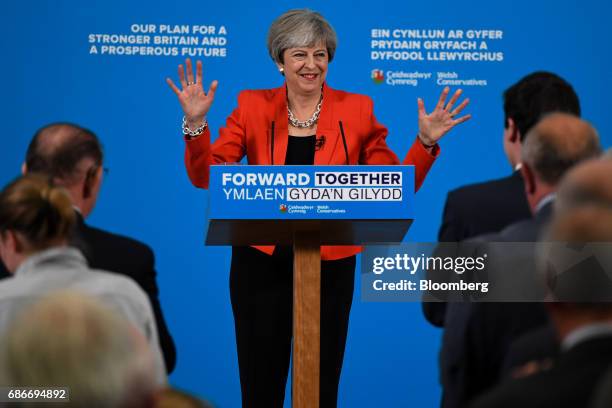 Theresa May, U.K. Prime minister and leader of the Conservative Party, gestures while speaking during the launch of the Welsh Conservative general...