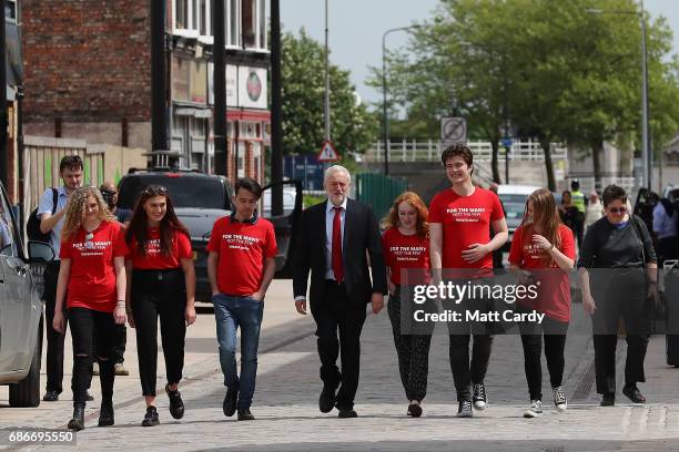 Labour leader Jeremy Corbyn attends a campaign rally with young activists on May 22, 2017 in Hull, England. Britain goes to the polls on June 8 to...