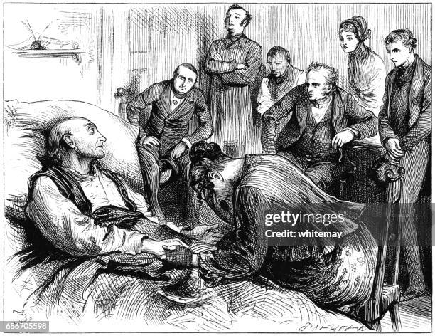 sad victorian family at the bedside of a dying man - mourning stock illustrations stock illustrations