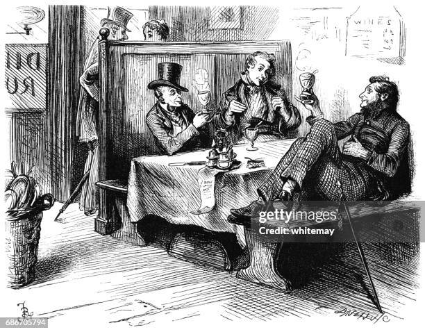 victorian men drinking hot toddies in a restaurant - hot toddy stock illustrations