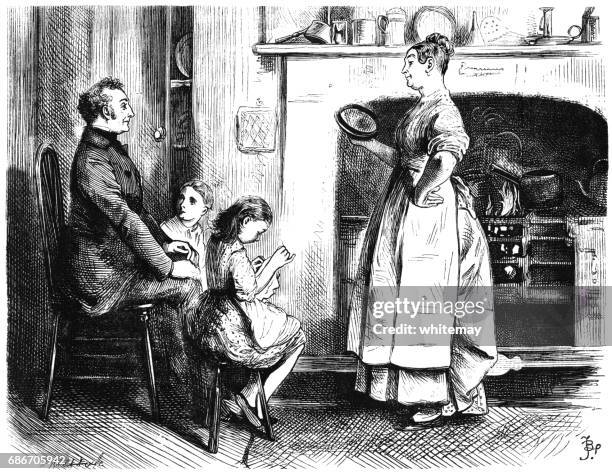 illustrations, cliparts, dessins animés et icônes de femme victorienne de cuisson et le chat dans sa cuisine - stéréotype de la classe moyenne