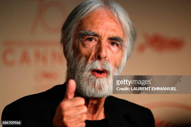 Austrian director Michael Haneke talks on May 22, 2017 during a press conference for the film 'Happy End' at the 70th edition of the Cannes Film...