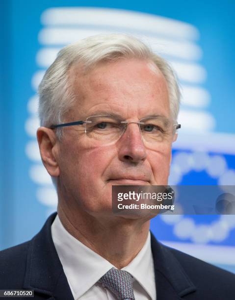 Michel Barnier, chief negotiator for the European Union , looks on during a news conference ahead of a Eurogroup meeting of European finance...