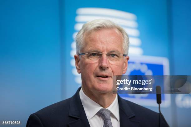 Michel Barnier, chief negotiator for the European Union , speaks during a news conference ahead of a Eurogroup meeting of European finance ministers...