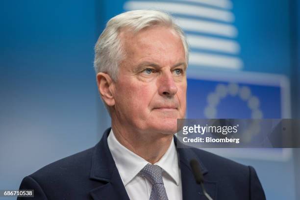 Michel Barnier, chief negotiator for the European Union , pauses during a news conference ahead of a Eurogroup meeting of European finance ministers...