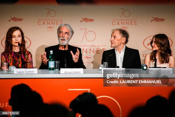 French actress Isabelle Huppert, Austrian director Michael Haneke , French actor Jean-Louis Trintignant and Belgian actress Fantine Harduin attend on...