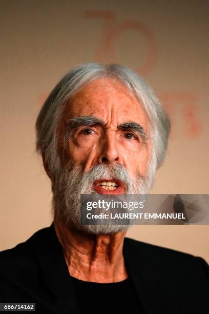 Austrian director Michael Haneke talks on May 22, 2017 during a press conference for the film 'Happy End' at the 70th edition of the Cannes Film...