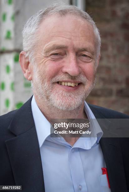 Labour leader Jeremy Corbyn smiles as he arrives to launch Labour's Cultural Manifesto at Fruit on May 22, 2017 in Hull, England. Britain goes to the...