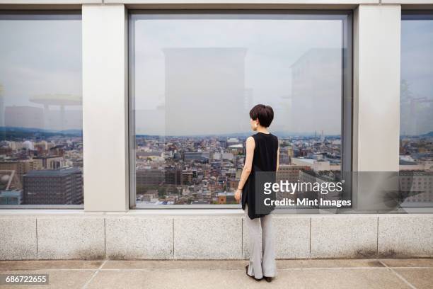 a woman standing looking over a city from a high viewing point. - rear view stock pictures, royalty-free photos & images