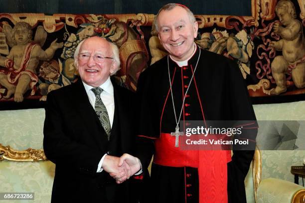 Vatican Secretary of State cardinal Pietro Parolin meets President of Ireland Michael Daniel Higgins at the Apostolic Palace on May 22, 2017 in...