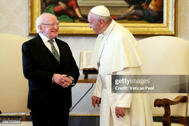 Pope Francis meets President of Ireland Michael Daniel Higgins at the Apostolic Palace on May 22, 2017 in Vatican City, Vatican. Pope Francis will...
