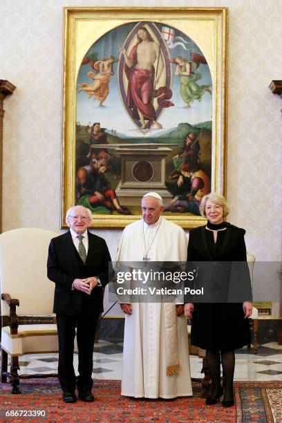 Pope Francis meets President of Ireland Michael Daniel Higgins and wife Sabina Coyne at the Apostolic Palace on May 22, 2017 in Vatican City,...