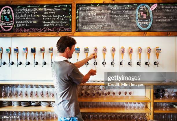 man pulling a glass of beer from a tab in a brewery. - craft beer stock pictures, royalty-free photos & images