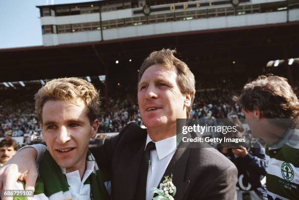 Glasgow Celtic manager Billy McNeilll and players Chris Morris and Roy Aitken celebrate after the 1988 Scottish Cup Final victory against Dundee...