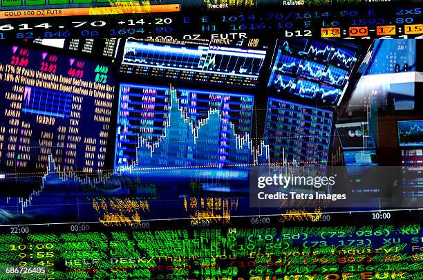 financial figures on screens - bear market stock pictures, royalty-free photos & images