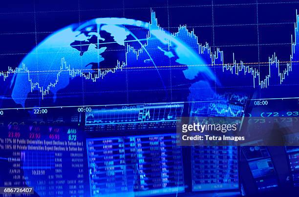 blue screen with globe and charts - world bank stockfoto's en -beelden
