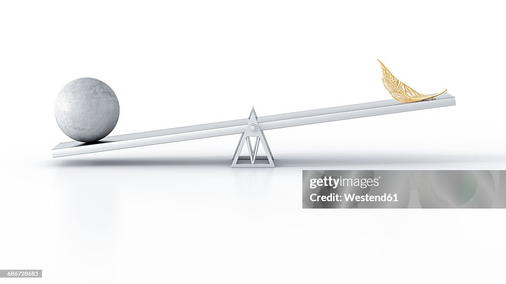Concrete ball and golden feather on seesaw against white background