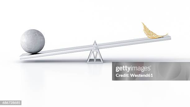 concrete ball and golden feather on seesaw against white background - heavy stock illustrations