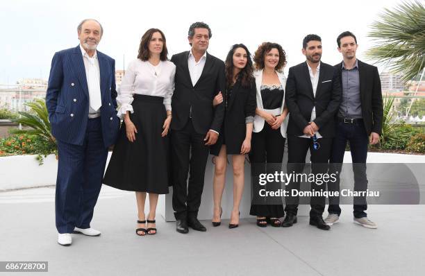 Actors Mohamed Dhjouri, Aure Atika, Hassan Kachach, Hania Amar, Nadia Kaci, director Karim Moussaoui and actor Mehdi Ramdani attend "Waiting For...