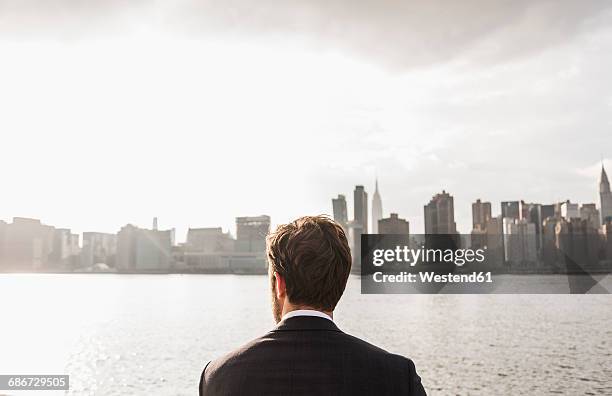 usa, new york city, back view of businessman looking at skyline of manhattan - corporate skyline stock pictures, royalty-free photos & images