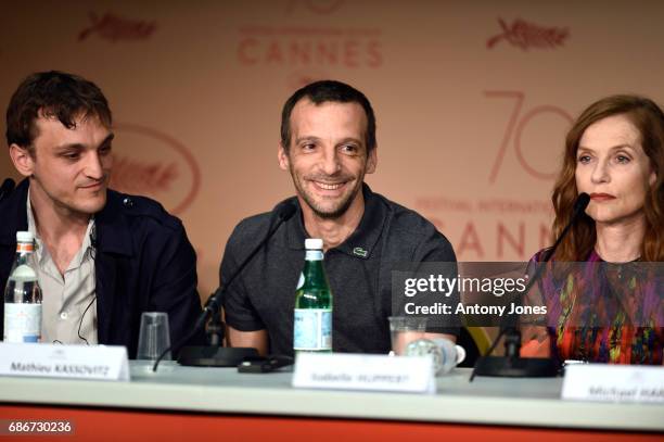 Franz Rogowski, Mathiew Kassovitz and Isabelle Huppert attend the "Happy End" press conference during the 70th annual Cannes Film Festival on May 22,...