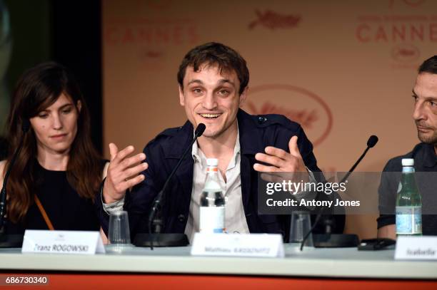 Laura Verlinden, Franz Rogowski and Mathiew Kassovitz attend the "Happy End" press conference during the 70th annual Cannes Film Festival on May 22,...