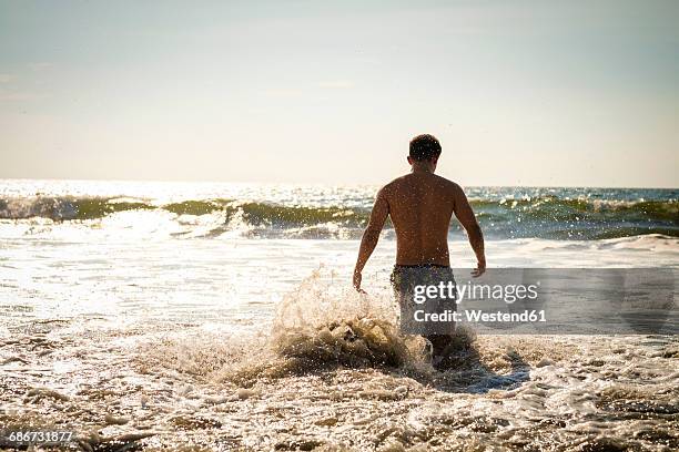 mexico, nuevo vallarta, riviera nayarit, young man entering the ocean - nuevo vallarta stock pictures, royalty-free photos & images