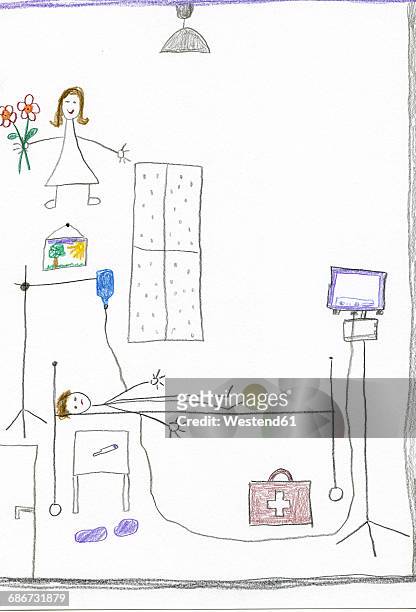 children's drawing of child in hospital - spital junge stock-grafiken, -clipart, -cartoons und -symbole