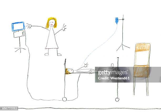 children's drawing of child in hospital - spital junge stock-grafiken, -clipart, -cartoons und -symbole