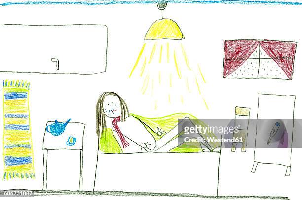 children's drawing of sick child in bed - traurig stock-grafiken, -clipart, -cartoons und -symbole