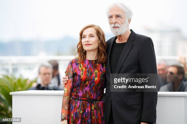 Director Michael Haneke and Isabelle Huppert attend the "Happy End" photocall during the 70th annual Cannes Film Festival at Palais des Festivals on...