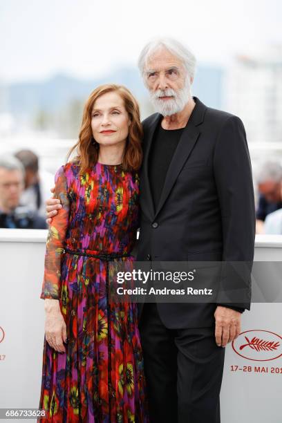 Director Michael Haneke and Isabelle Huppert attend the "Happy End" photocall during the 70th annual Cannes Film Festival at Palais des Festivals on...