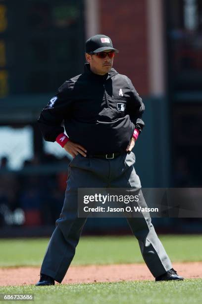 Umpire Mark Wegner stands on the field during the second inning between the San Francisco Giants and the Cincinnati Reds at AT&T Park on May 14, 2017...