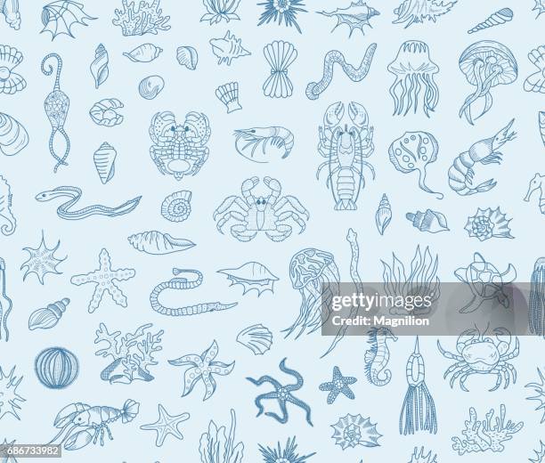 seamless sea life doodles - oyster pearl stock illustrations