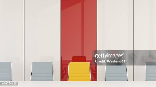 conference room with one chair standing out from the crowd, 3d rendering - office space no people stock illustrations