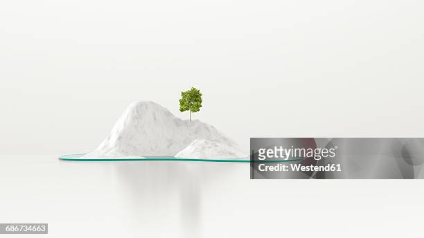 ilustraciones, imágenes clip art, dibujos animados e iconos de stock de tree growing on snowcapped island, 3d rendering - soledad