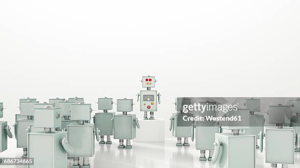 group of robots looking at leader, 3d rendering - leading stock illustrations