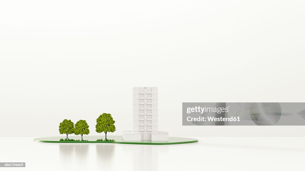 Trees in front of apartment building, 3d rendering