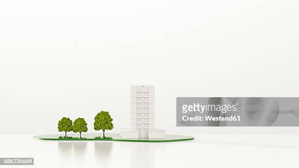 trees in front of apartment building, 3d rendering - miniture tree stock illustrations