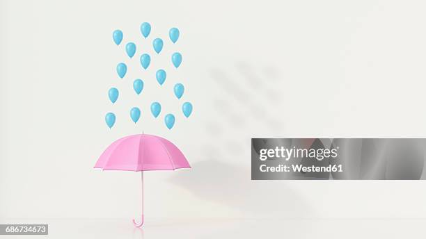 ilustrações, clipart, desenhos animados e ícones de blue ballons above pink umbrella, 3q rendering - guarda chuva