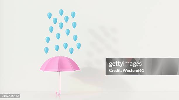 bildbanksillustrationer, clip art samt tecknat material och ikoner med blue ballons above pink umbrella, 3q rendering - regn
