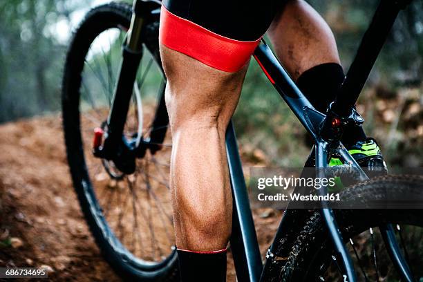 close-up of mountainbiker on forest trail - cyclist-leg-muscle stock pictures, royalty-free photos & images