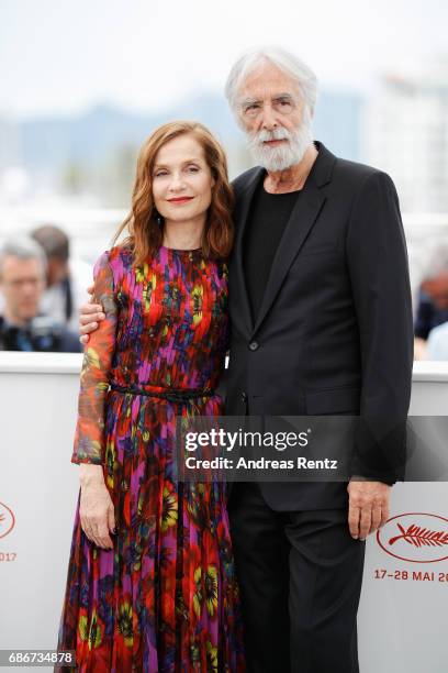 Director Michael Haneke and Isabelle Huppert attend the "Happy End" photocall during the 70th annual Cannes Film Festival at Palais des Festivals on...