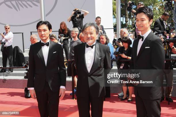 Hiroki Hasegawa, Kiyoshi Kurosawa and Ryuhei Matsuda attends the 'Before We Vanish ' screening during the 70th annual Cannes Film Festival at on May...