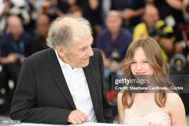 Fantine Harduin and Jean-Louis Trintignant attend the "Happy End" photocall during the 70th annual Cannes Film Festival at Palais des Festivals on...