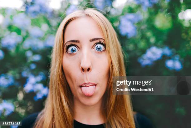 portrait of a blond woman sticking out tongue - gurning stock pictures, royalty-free photos & images