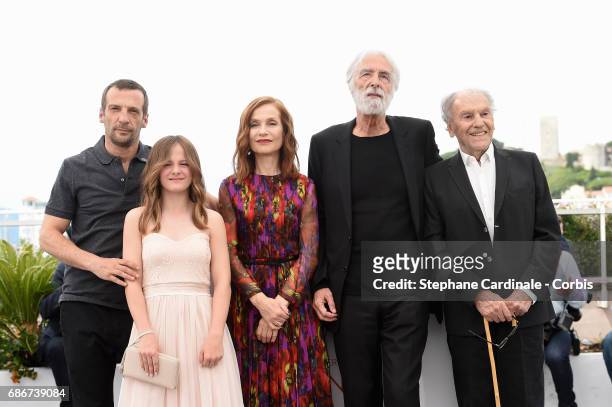Mathieu Kassovitz, Fantine Harduin, Isabelle Huppert, Michael Haneke and Jean-Louis Trintignant attend the "Happy End" photocall during the 70th...