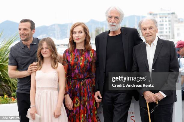 Mathieu Kassovitz, Fantine Harduin, Isabelle Huppert, Michael Haneke and Jean-Louis Trintignant attend the "Happy End" photocall during the 70th...