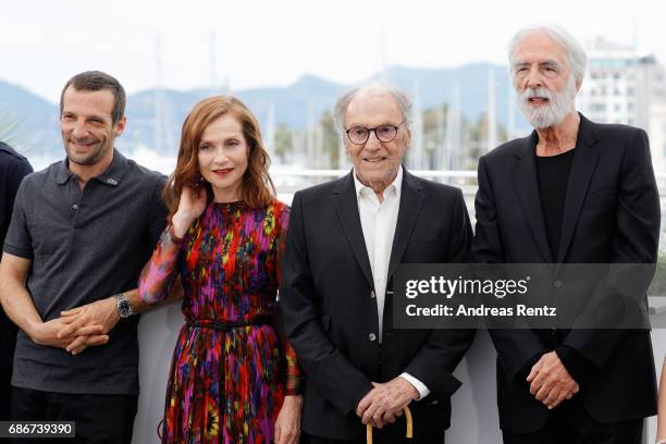 Mathieu Kassovitz, Isabelle Huppert, Michael Haneke and Jean-Louis Trintignant attend the "Happy End" photocall during the 70th annual Cannes Film...