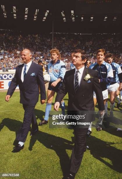 Coventry City joint manager John Sillett and captain Brian Kilcline lead out Coventry City as Spurs manager David Pleat and captain Richard Gough...